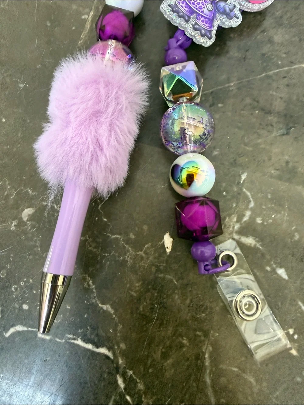 Stitch Nurse Purple Fuzzy Beaded Pen and Matching Badge Reel Set Handmade